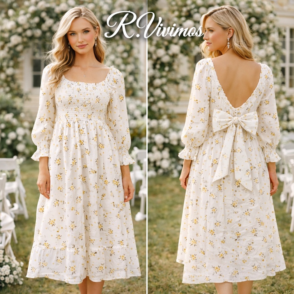 NWT R. Vivimos,Cottage-core Smocked Dress, Lined,Bow-Back Romantic,Size 12/24